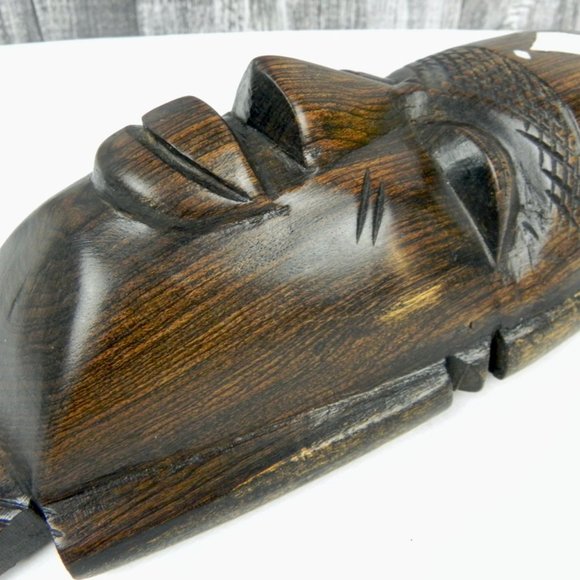 Solid Wood Bone Inlay Sculpture | Carved Face in Dark Wood | Vintage Artwork - Picture 9 of 10